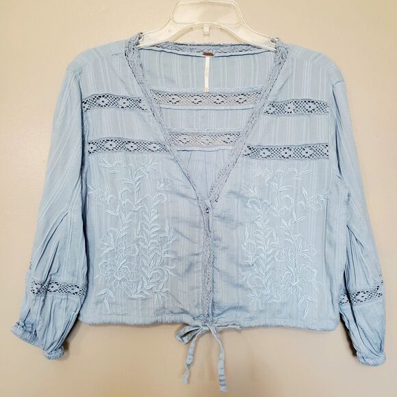 Free People Follow Your Heart Top Womens Size XS Dusty Blue Cropped Peasant - Picture 2 of 12